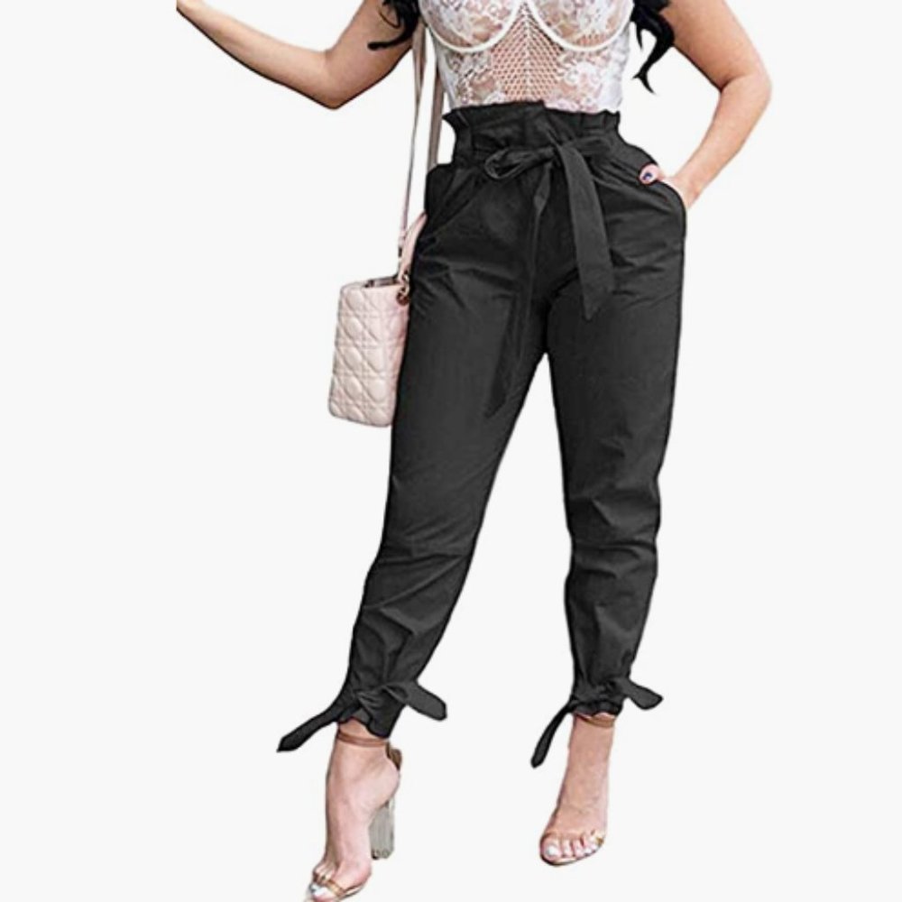 NWT Yissang Women's Casual Loose Paper Bag Waist Long Pants Trousers with BowTie